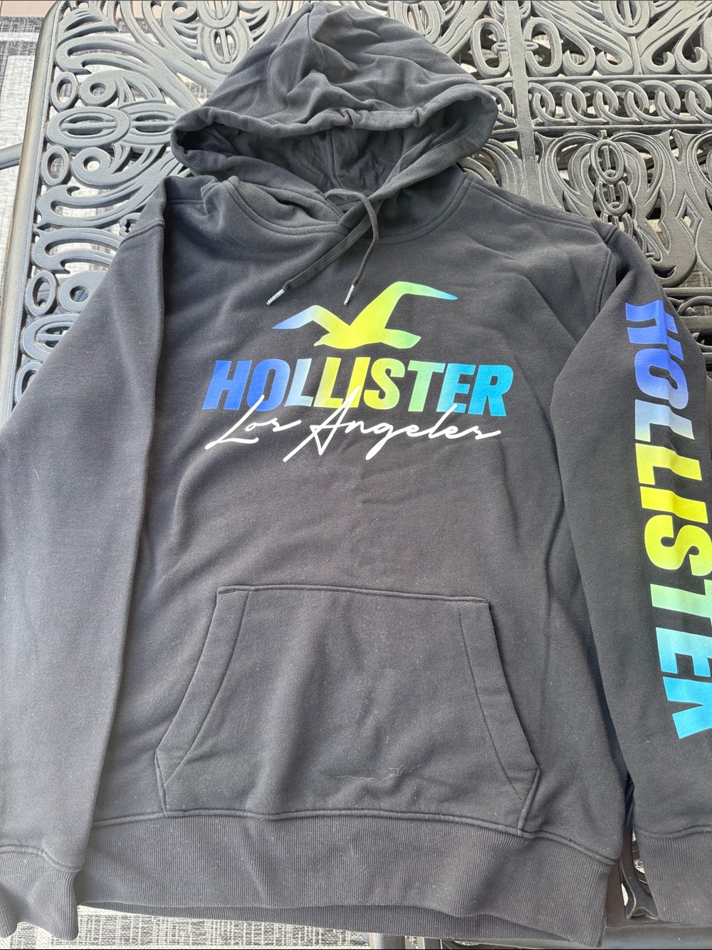 Hollister Black Crewneck Hoodie with Blue-Green Gradient Logo
